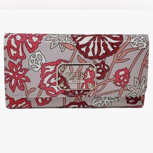 GUESS Ophelia Blush Pink Coral Red Burgundy White Roses Trifold Wallet Wristlet